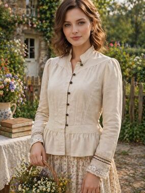 Linen/cotton raime jacket 10 peplum lace eyelet button down renfair cottage core